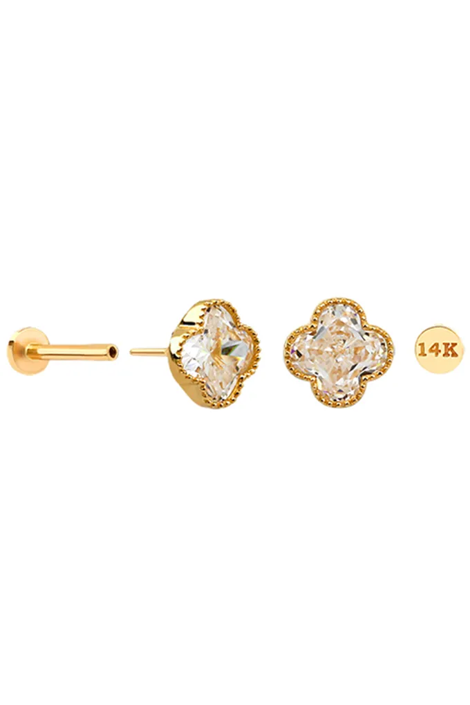 14K Gold CZ Clover Internally Threaded Flat Back Earring Labret Stud