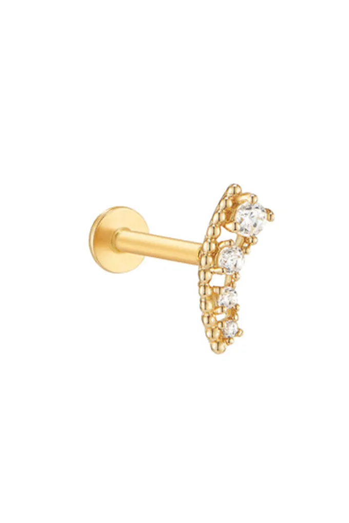 14k Gold Cz Curved Bar Internally Internal Threaded Flat Back Earring Labret Piercing