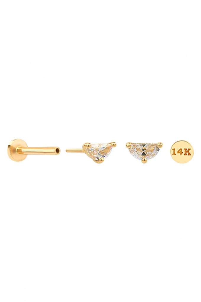 14k Gold Cz Half Round Tragus Helix Internally Threaded Flat Back Earring Labret Stud