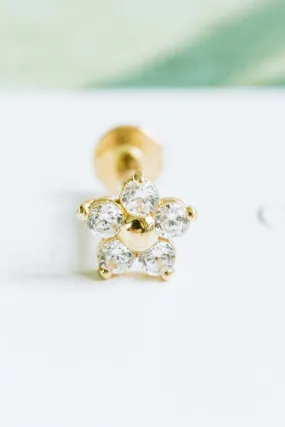 14k Gold Cz or Genuine Diamond Cartilage Tragus Helix Internally Threaded Flower Flat Back Earring Labret