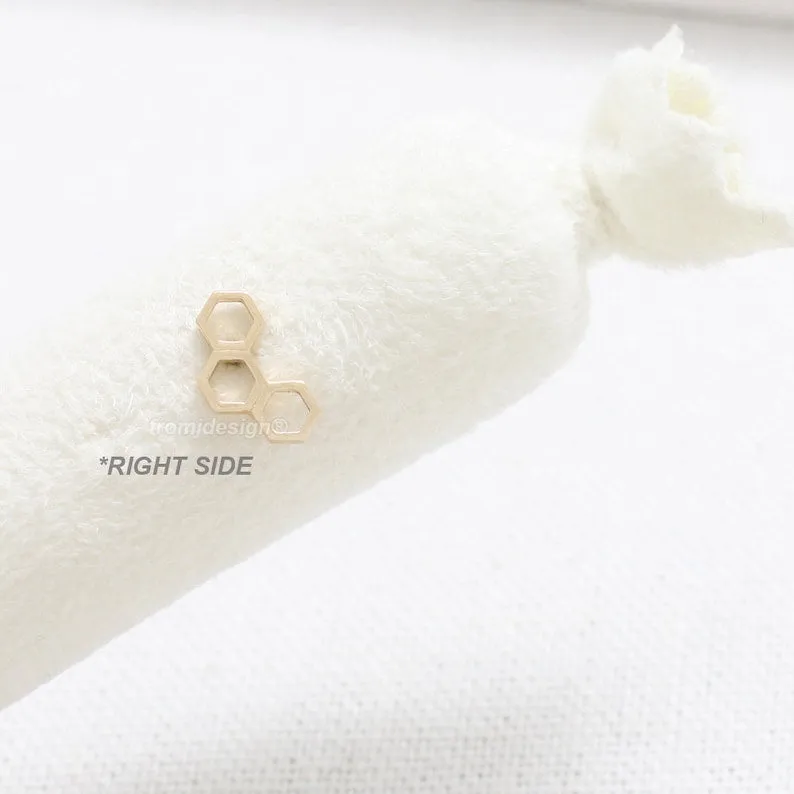 14K Solid Gold Honeycomb Cartilage Helix Tragus Conch Prong Setting Internally Threaded Flat Back Earring Labret