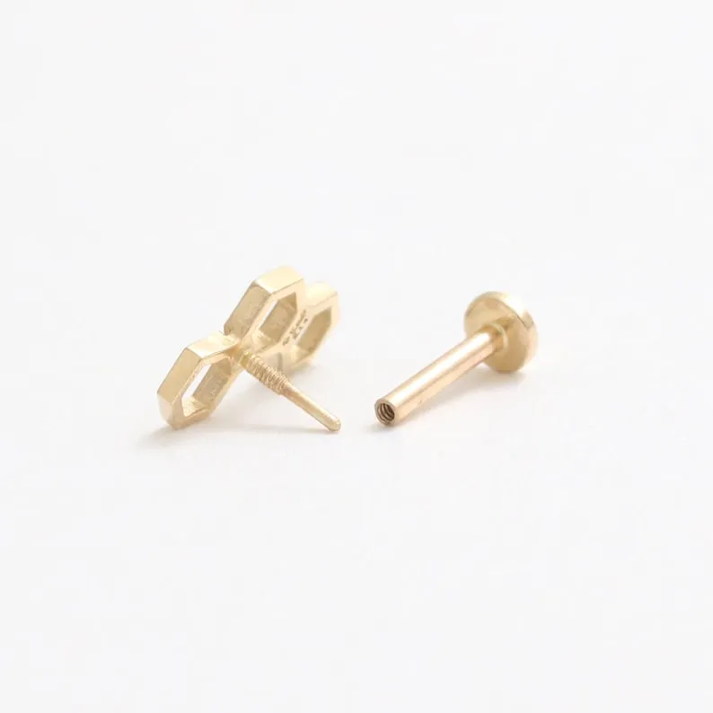 14K Solid Gold Honeycomb Cartilage Helix Tragus Conch Prong Setting Internally Threaded Flat Back Earring Labret