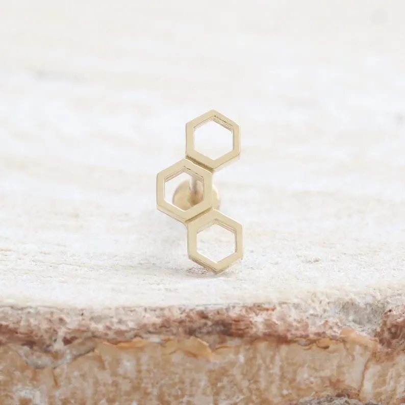 14K Solid Gold Honeycomb Cartilage Helix Tragus Conch Prong Setting Internally Threaded Flat Back Earring Labret