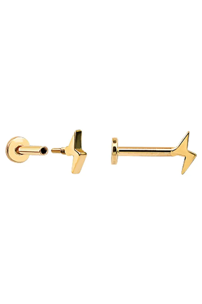 14k Solid Gold Lighning Bolt Tragus Helix Cartilage Internally Threaded Flat Back Earring Labret Stud