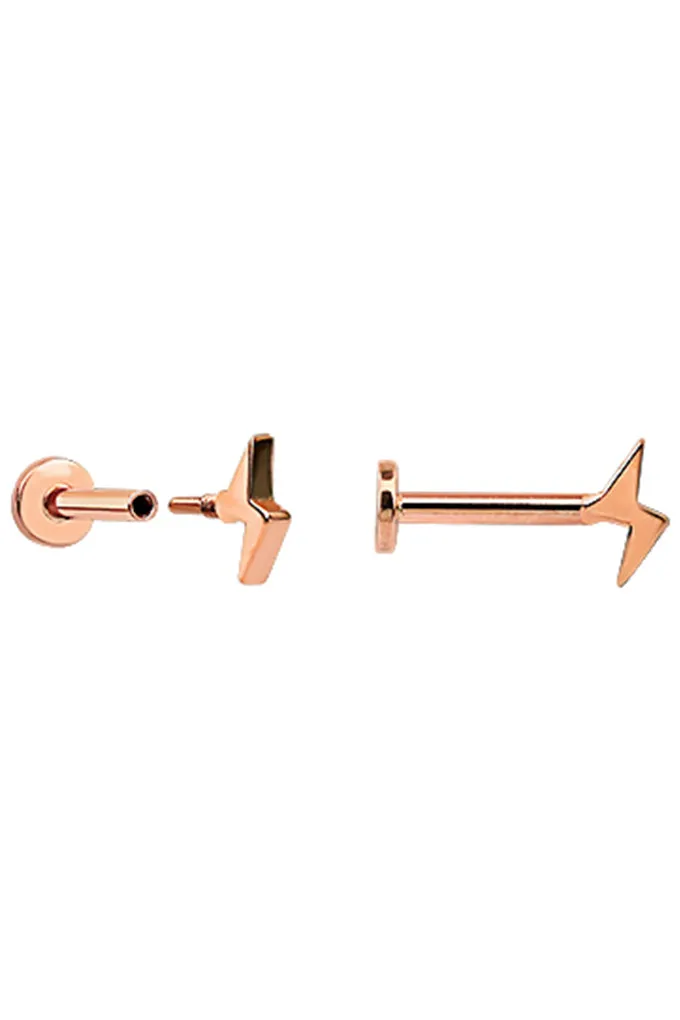 14k Solid Gold Lighning Bolt Tragus Helix Cartilage Internally Threaded Flat Back Earring Labret Stud