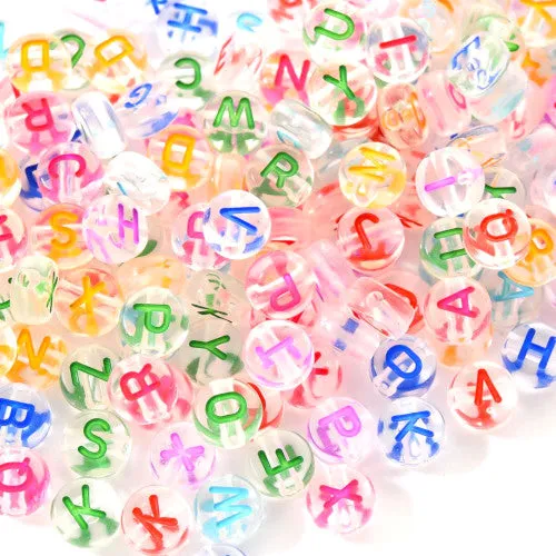 Acrylic Beads, Alphabet, Letter, Flat, Round, Transparent, Mixed Colors, A-Z, 7mm