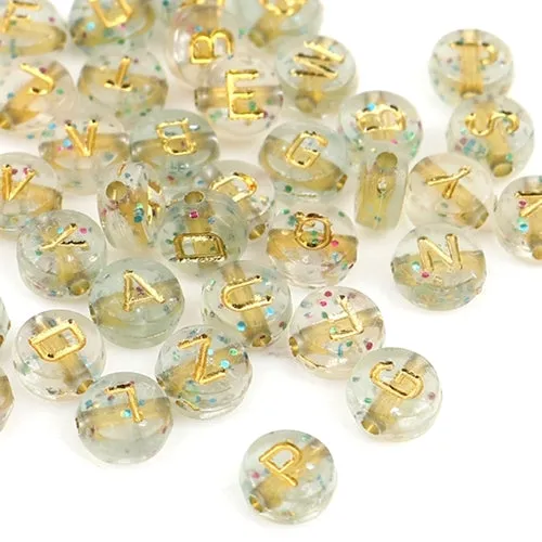 Acrylic Beads, Flat, Round, Alphabet, Letter, Transparent, Gold, With Glitter, Mixed, A-Z, 7mm