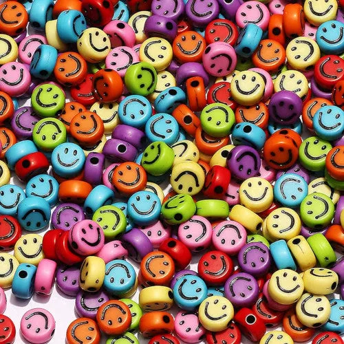 Acrylic Beads, Smiley Faces, Flat, Round, Opaque, Mixed Colors, 7mm