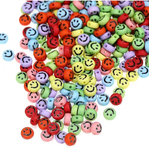 Acrylic Beads, Smiley Faces, Flat, Round, Opaque, Mixed Colors, 7mm