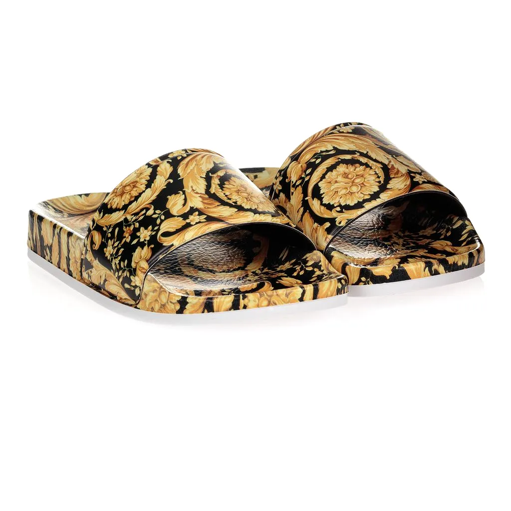 Black & Gold Barocco Print Slippers