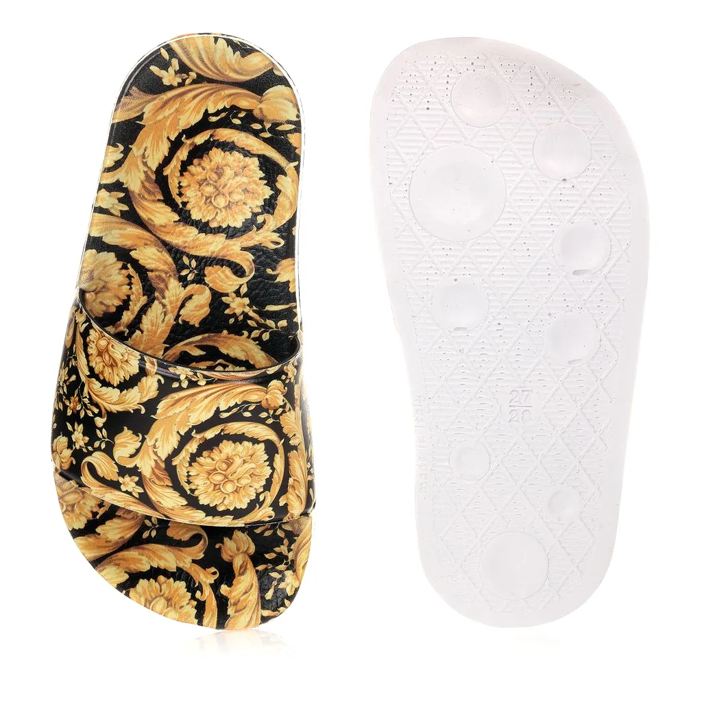 Black & Gold Barocco Print Slippers