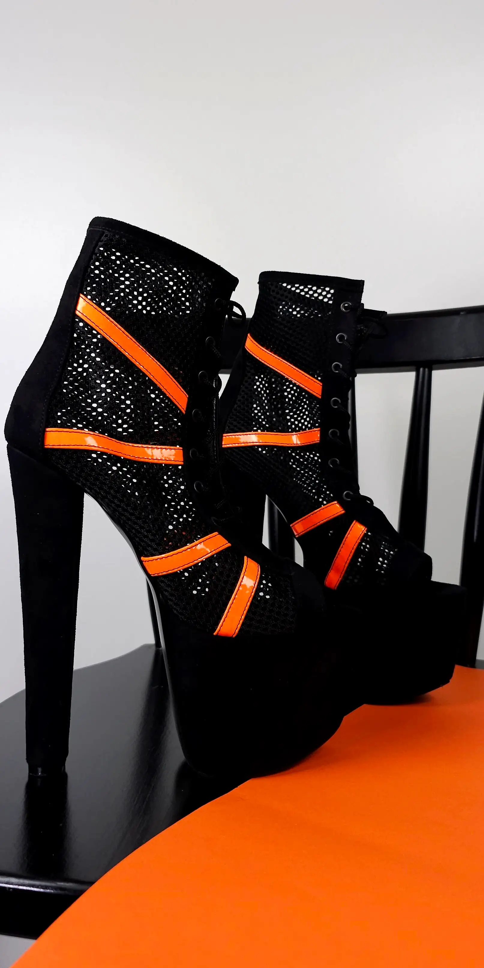 Black Orange Fishnet Platform High Heel Booties