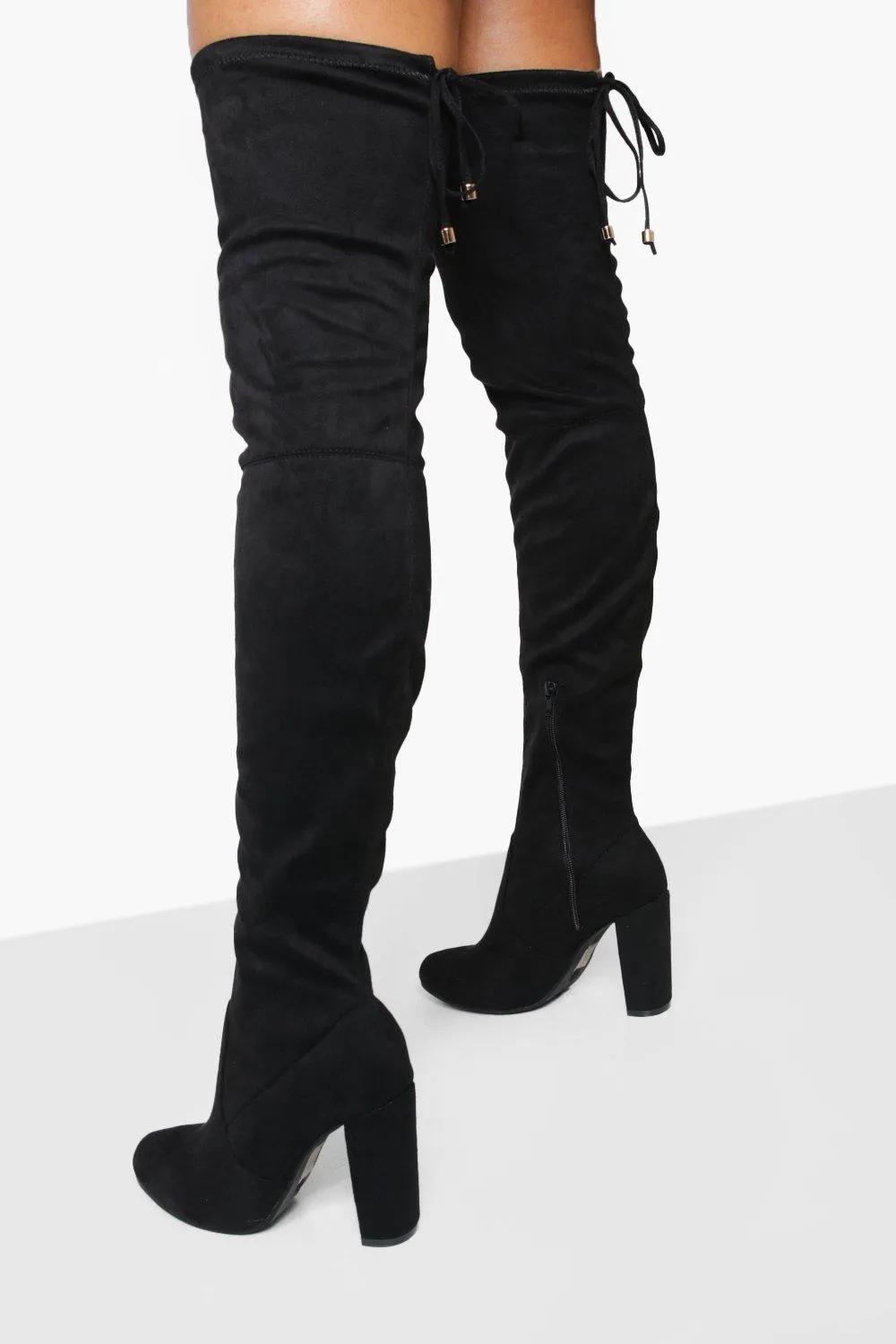 Block Heel Tie Back Thigh High Boots