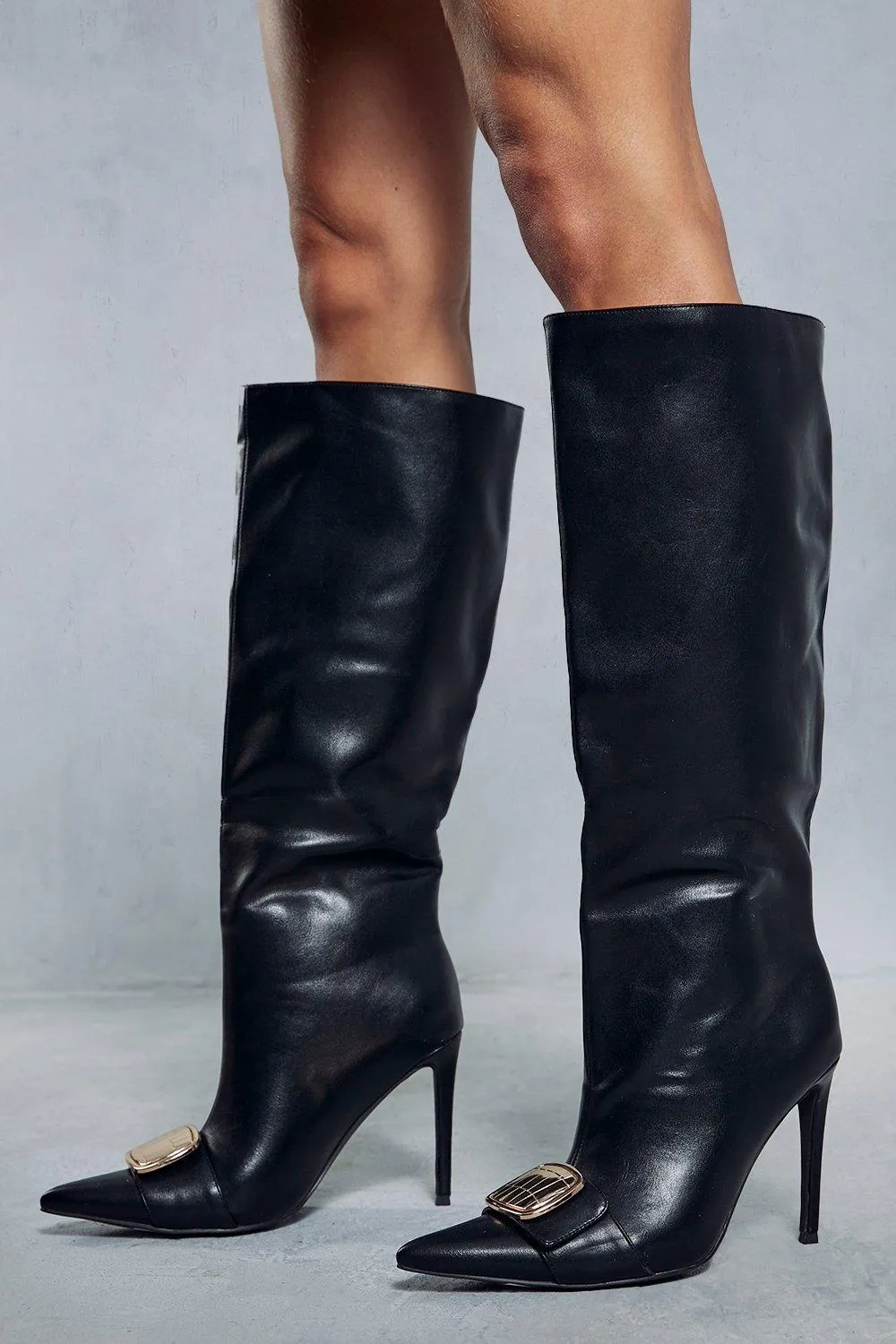 Boots | Leather Look Knee High Buckle Boots | MissPap