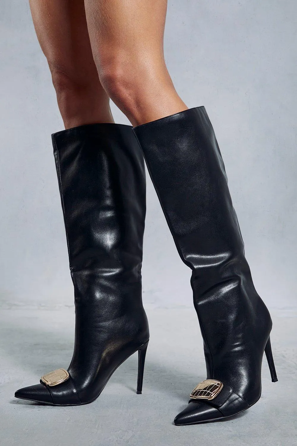 Boots | Leather Look Knee High Buckle Boots | MissPap