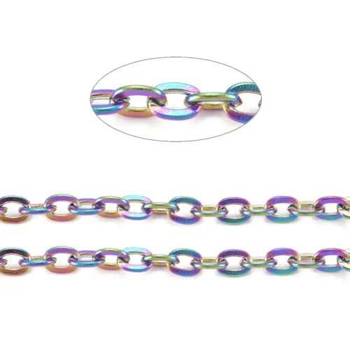 Chain, 304 Stainless Steel, Ion Plated, Cable Chain, Open Link, Flat, Oval, Rainbow, 4x3mm