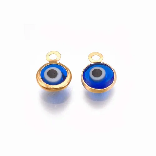 Charms, Evil Eye, 304 Stainless Steel, Handmade Lampwork, Flat, Round, Assorted, Golden, 9.5mm