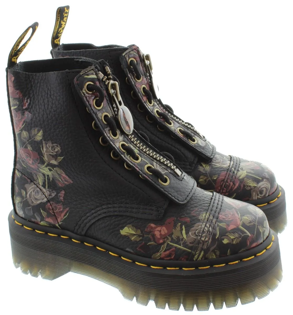 DR MARTENS Ladies Sinclair Decayed Roses Platform Front Zip Boots In Black