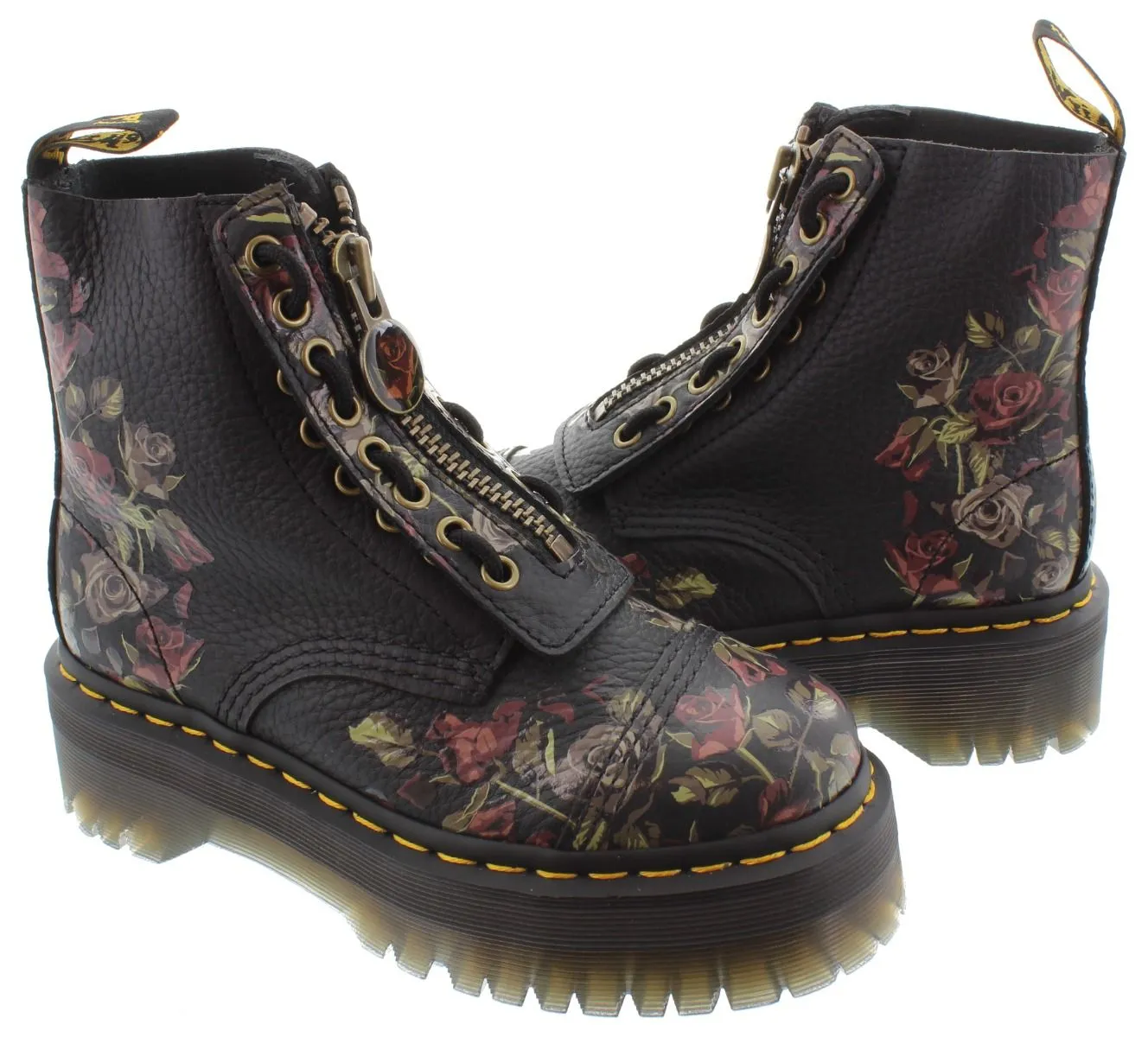 DR MARTENS Ladies Sinclair Decayed Roses Platform Front Zip Boots In Black