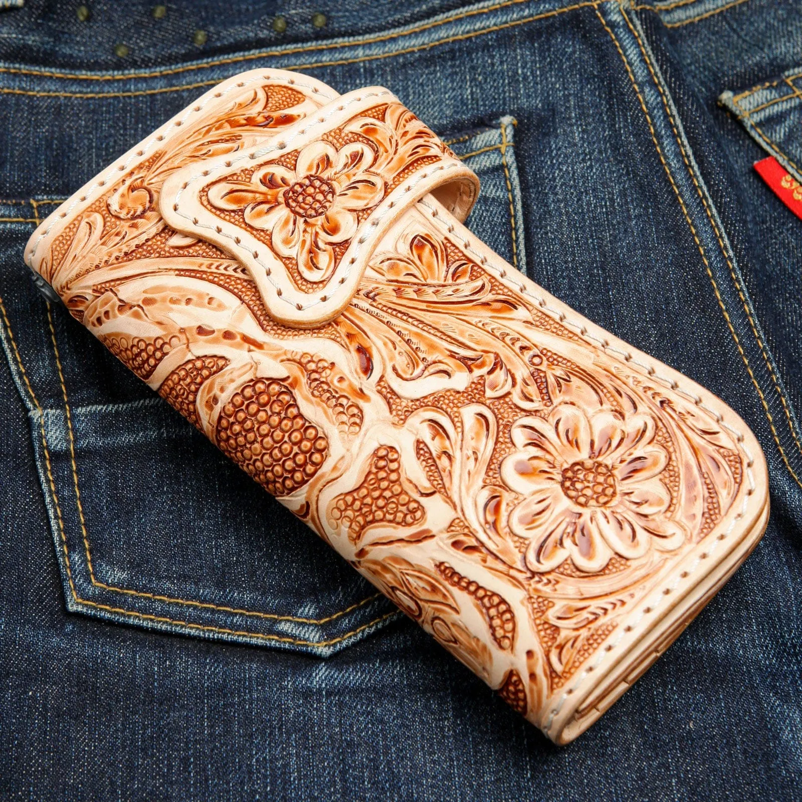 Genuine Light Brown Leather Skull Tattoo Biker Wallet