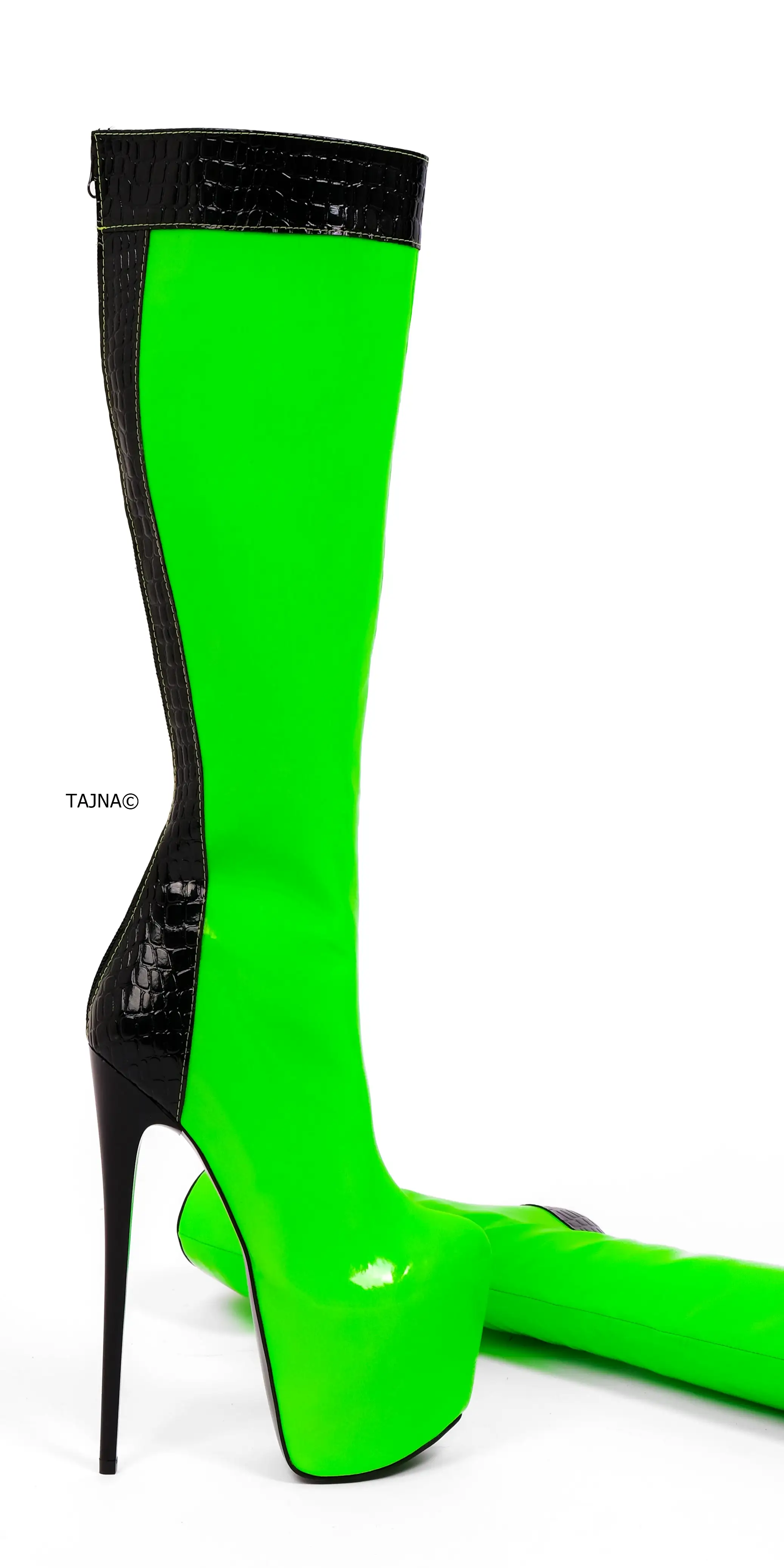 Green Neon Black High Heel Midcalf Boots