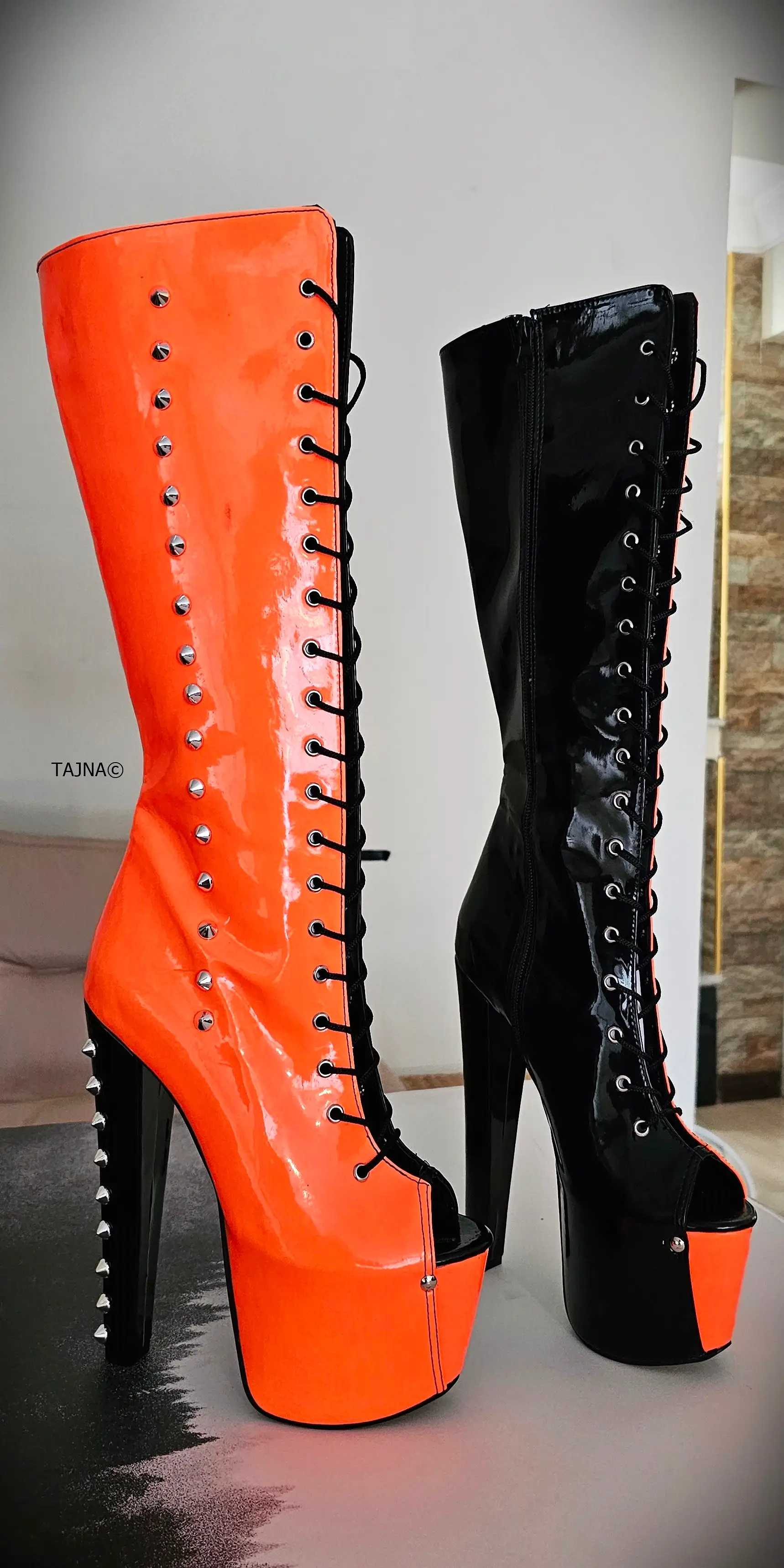 Halloween Orange Black Spiked Mid Calf Boots