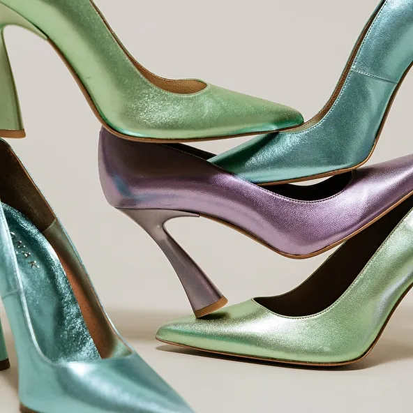 High heels and pointed toes in turquoise metallic leather