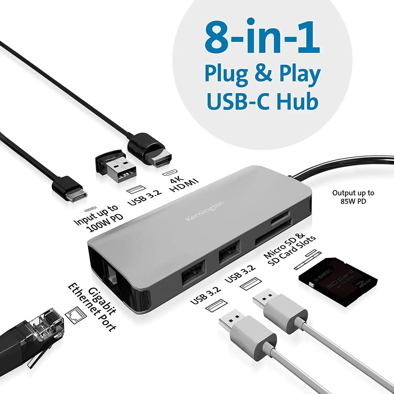 Kensington UH1400P USB-C 8-in-1 Driverless Laptop Dock Universal 8 Ports 85W Power Pass-Through