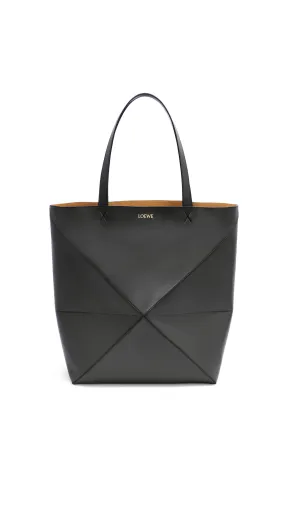 Large Puzzle Fold Tote in Shiny Calfskin - Black