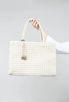 Large Tote Bag with Dogtooth Print in Off White and Sand