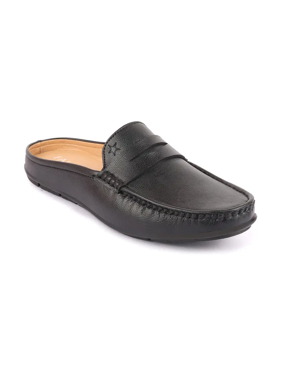 Men Black Slip On Back Open Stitched Mules Casual Shoes