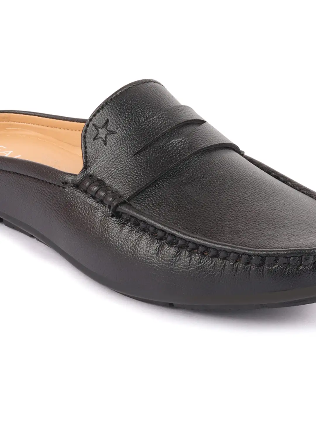 Men Black Slip On Back Open Stitched Mules Casual Shoes