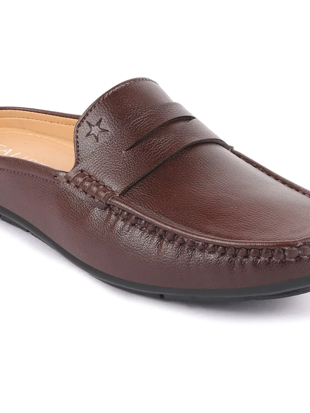 Men Brown Slip On Back Open Stitched Mules Casual Shoes