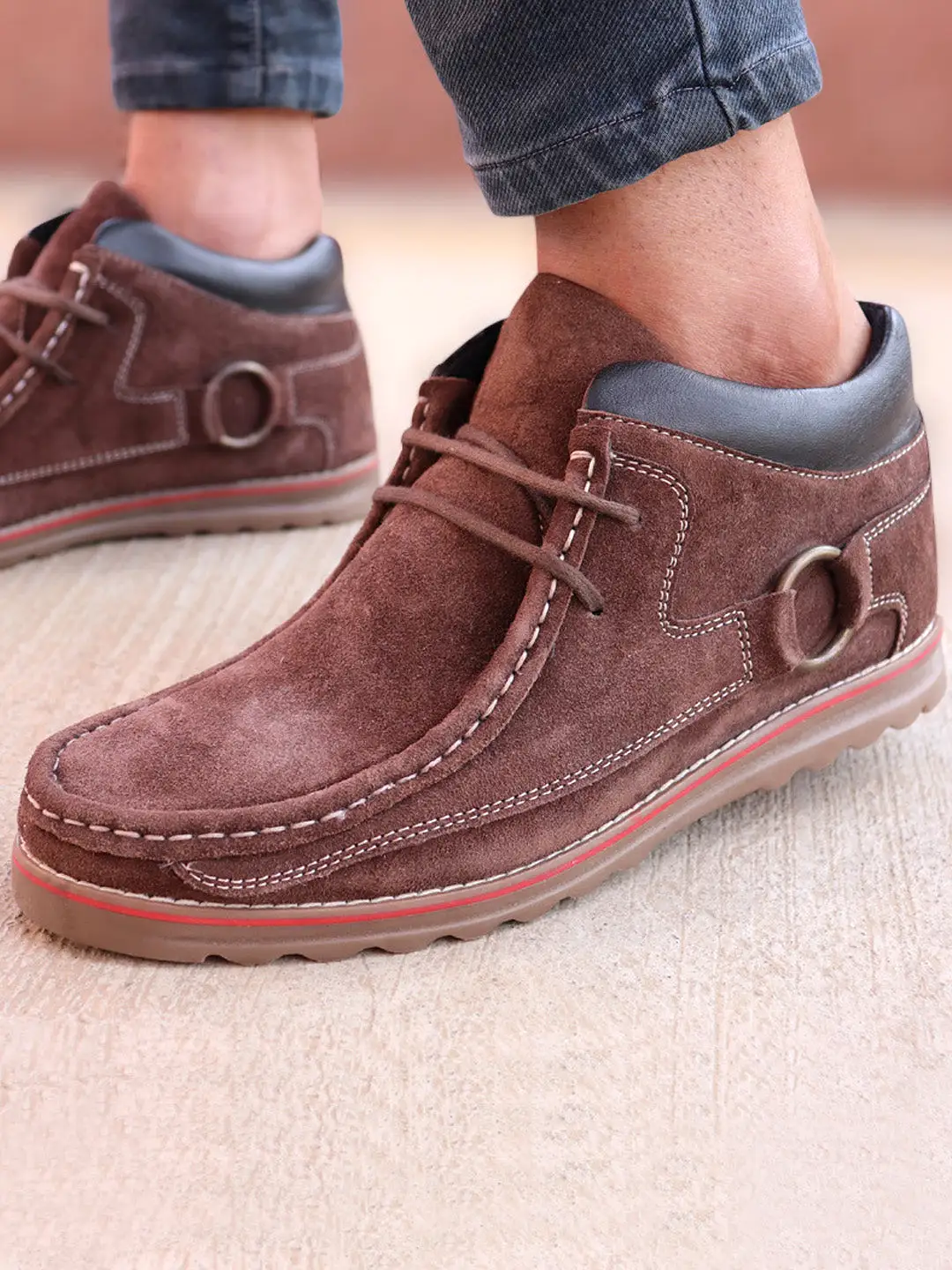 Men Brown Suede Leather Mid Ankle Lace Up Casual Shoes