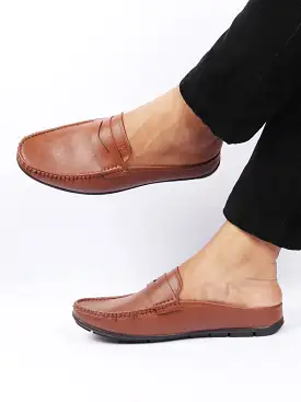 Men Tan Slip On Back Open Stitched Mules Casual Shoes