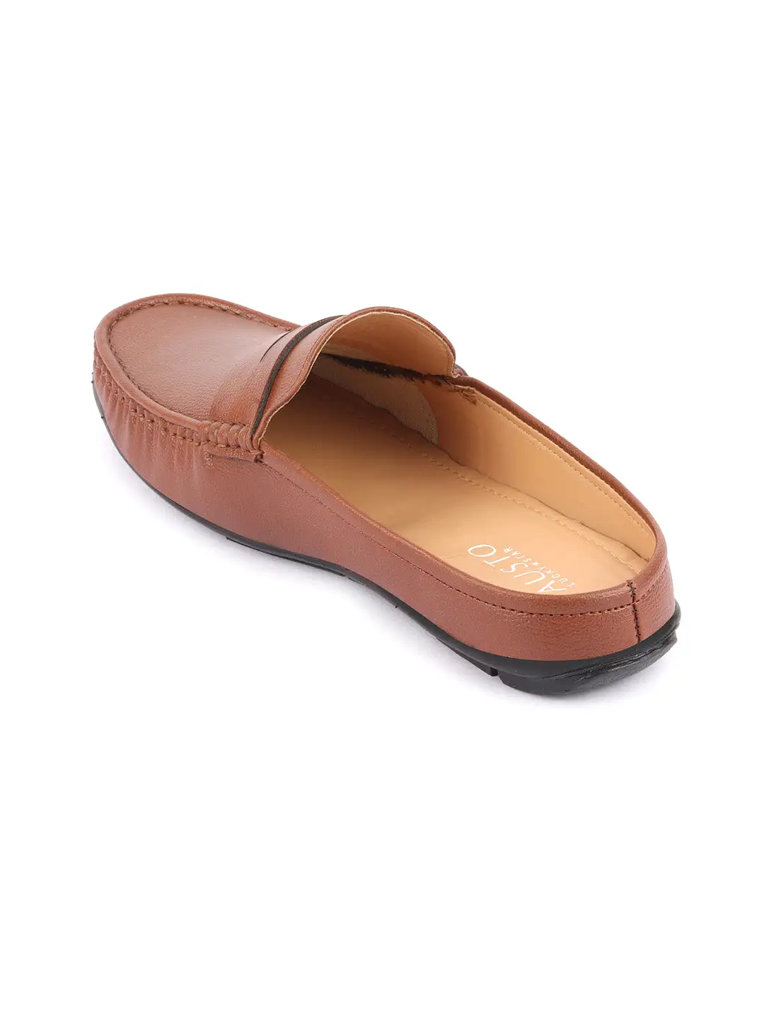 Men Tan Slip On Back Open Stitched Mules Casual Shoes