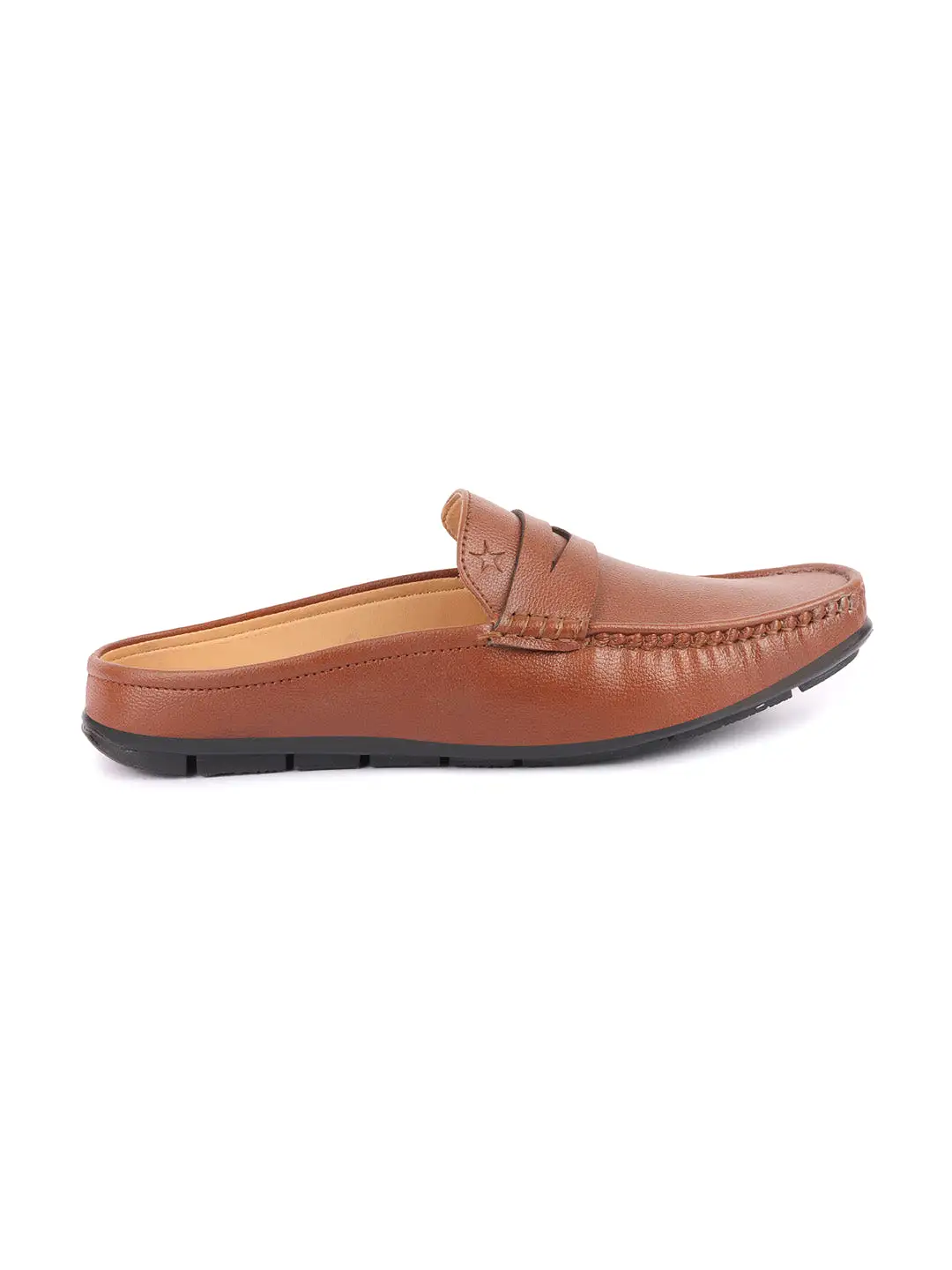 Men Tan Slip On Back Open Stitched Mules Casual Shoes