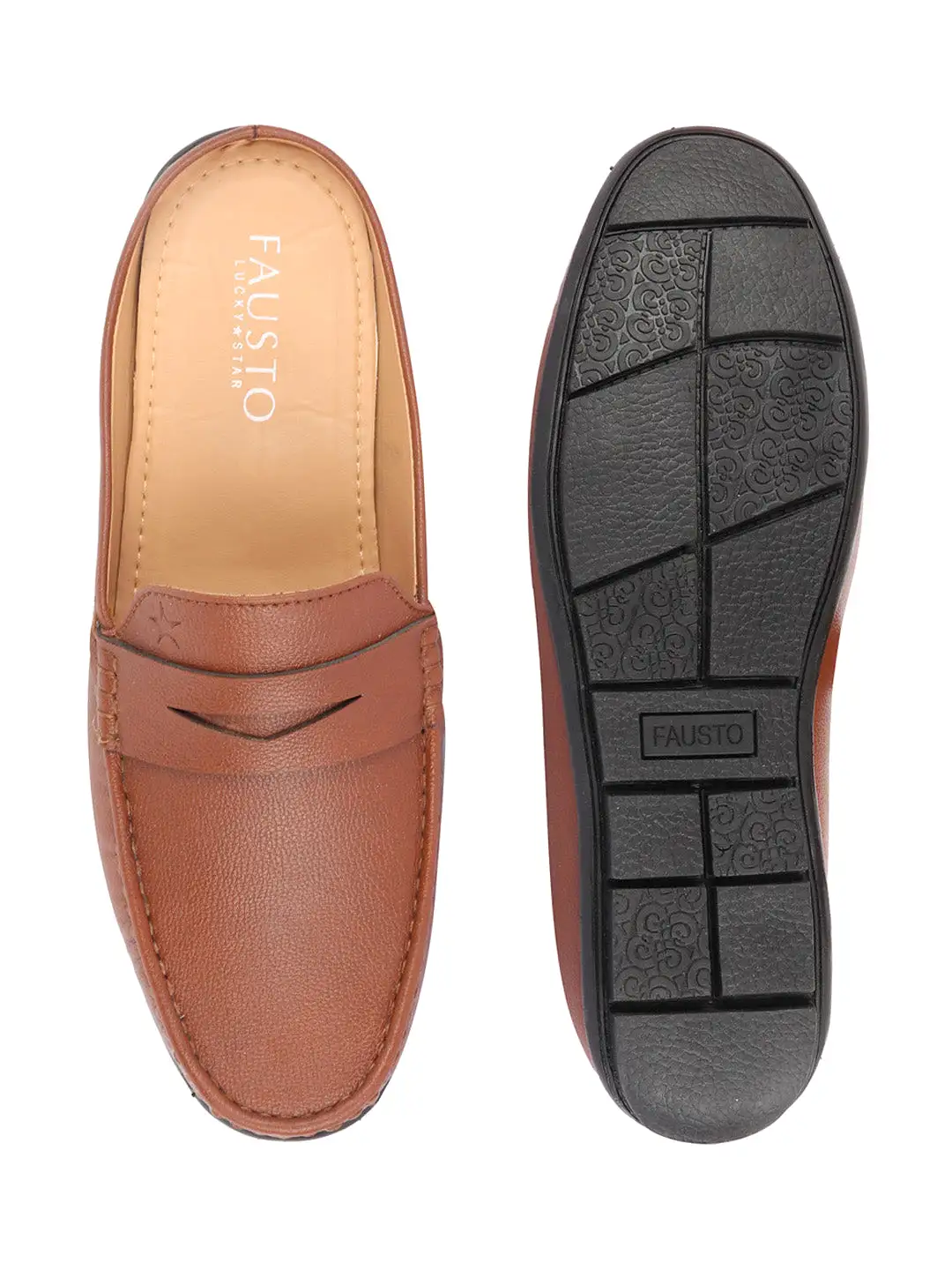 Men Tan Slip On Back Open Stitched Mules Casual Shoes