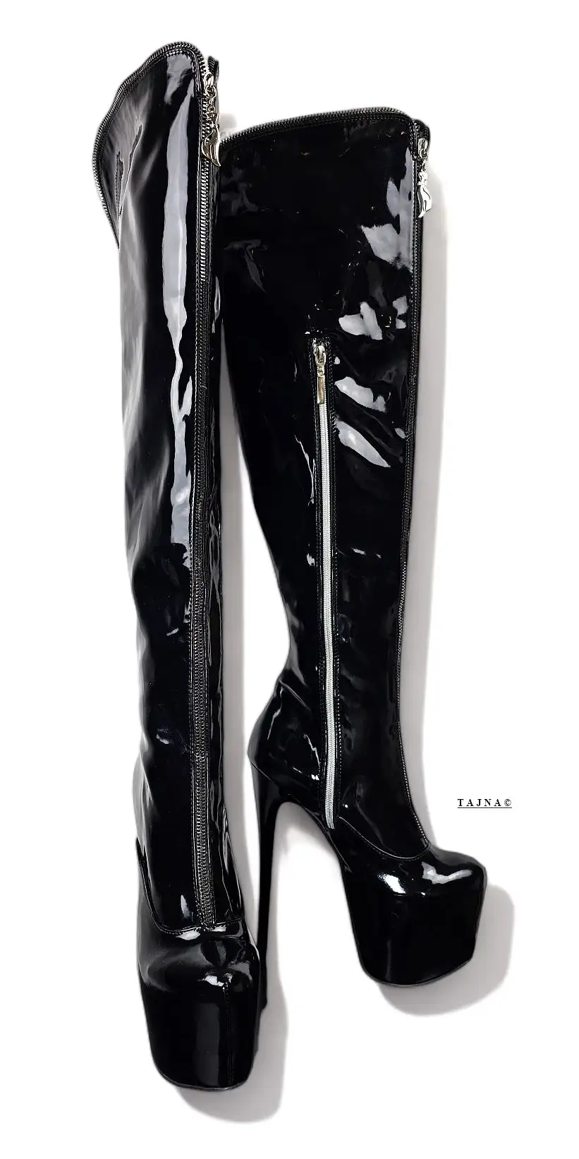 Over the Knee Black Gloss Zip Detailed High Heel Boots