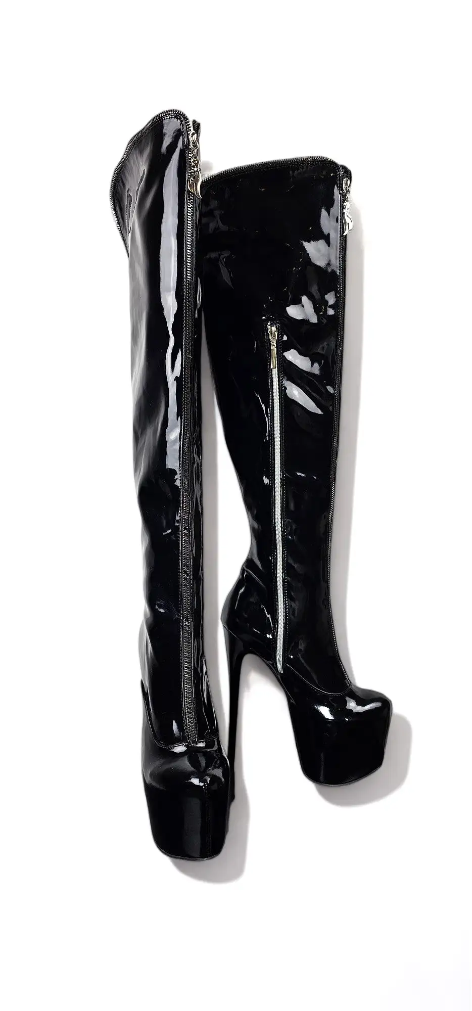 Over the Knee Black Gloss Zip Detailed High Heel Boots