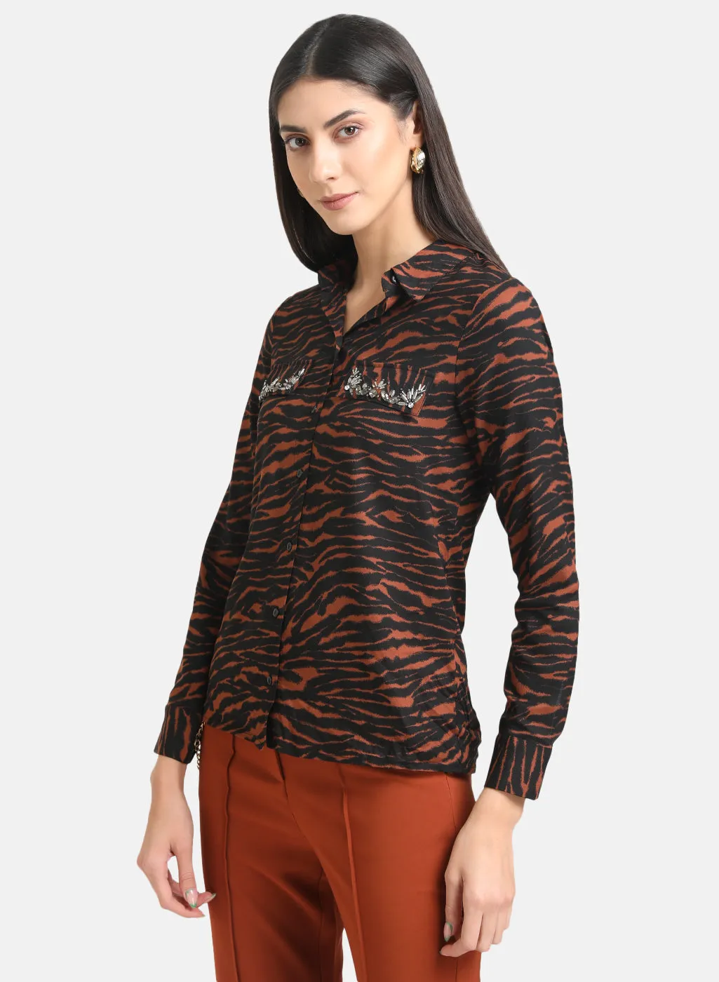 Printed Shirt With Embellished Pocket Flaps