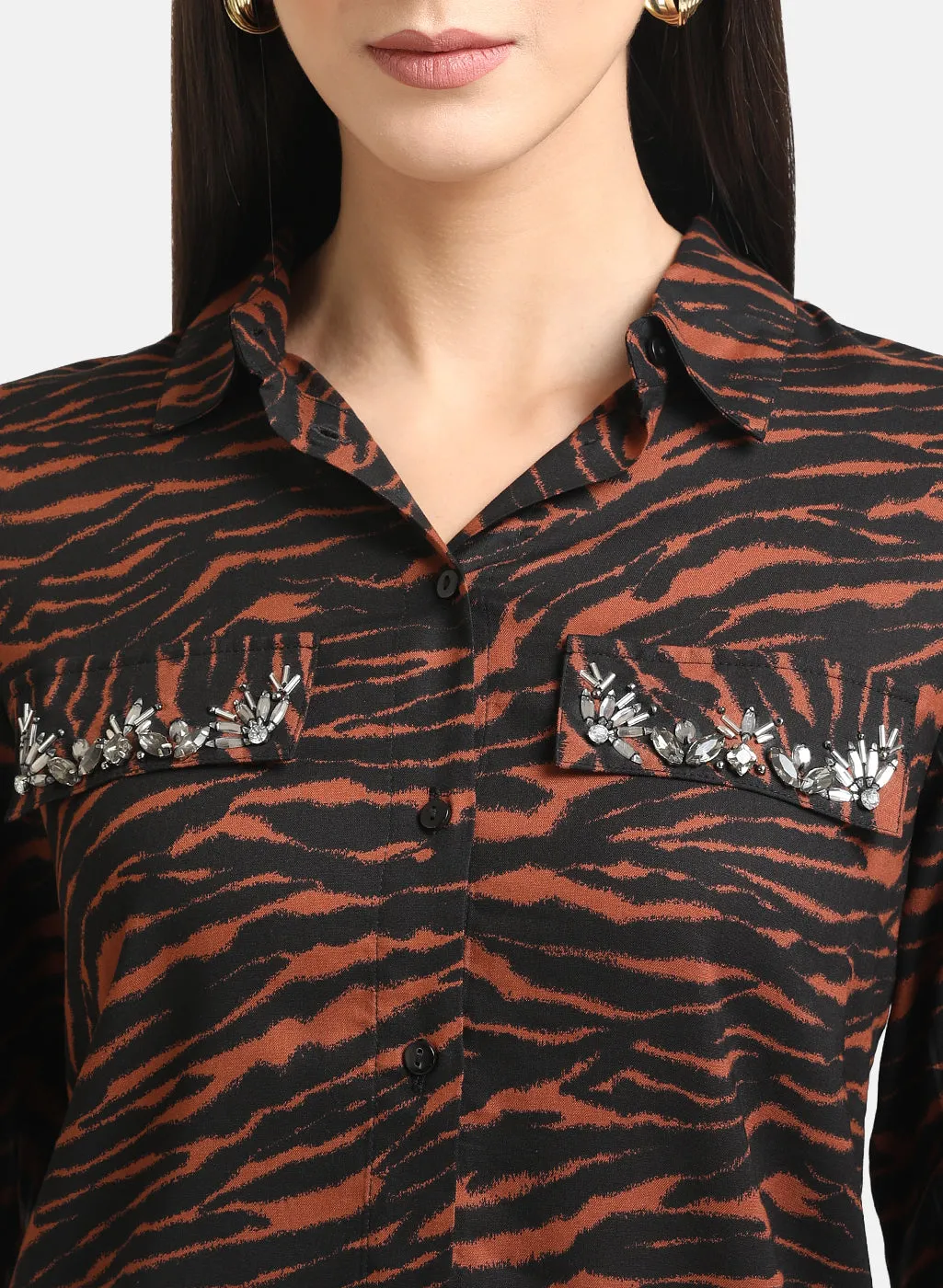 Printed Shirt With Embellished Pocket Flaps