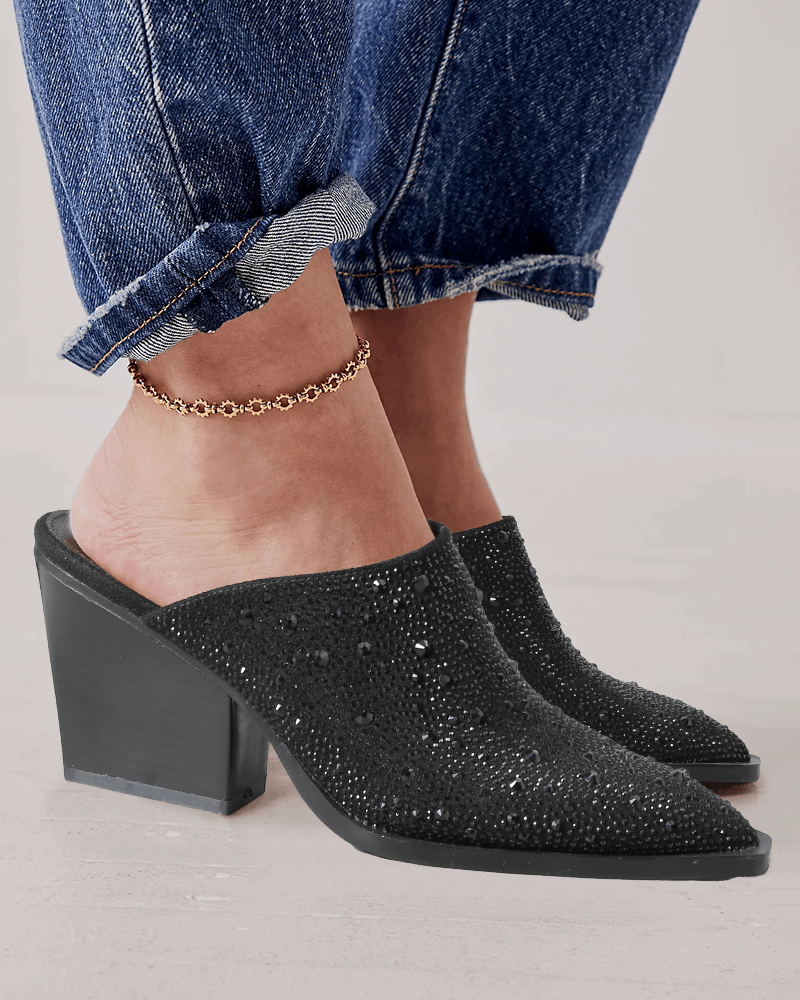 Rhinestone Pointed Toe Chunky Heel Clogs