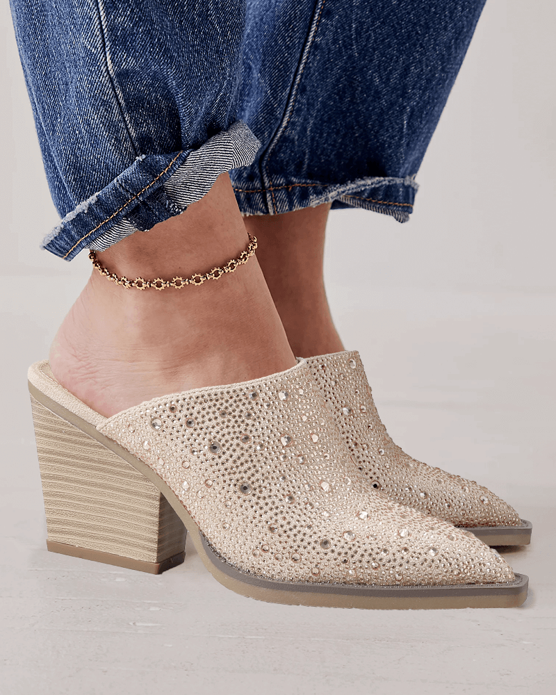 Rhinestone Pointed Toe Chunky Heel Clogs