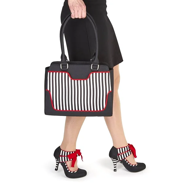 Ruby Shoo Black and White Stripe Red Ribbon Tie Court Shoes