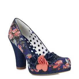 Ruby Shoo Eva Denim Blue and Pink Floral Court Shoe