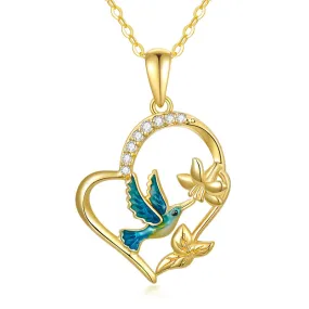 Solid 14K Gold Hummingbird Necklaces for Women Gold Hummingbird Heart Pendant Bird Necklace 16''-18