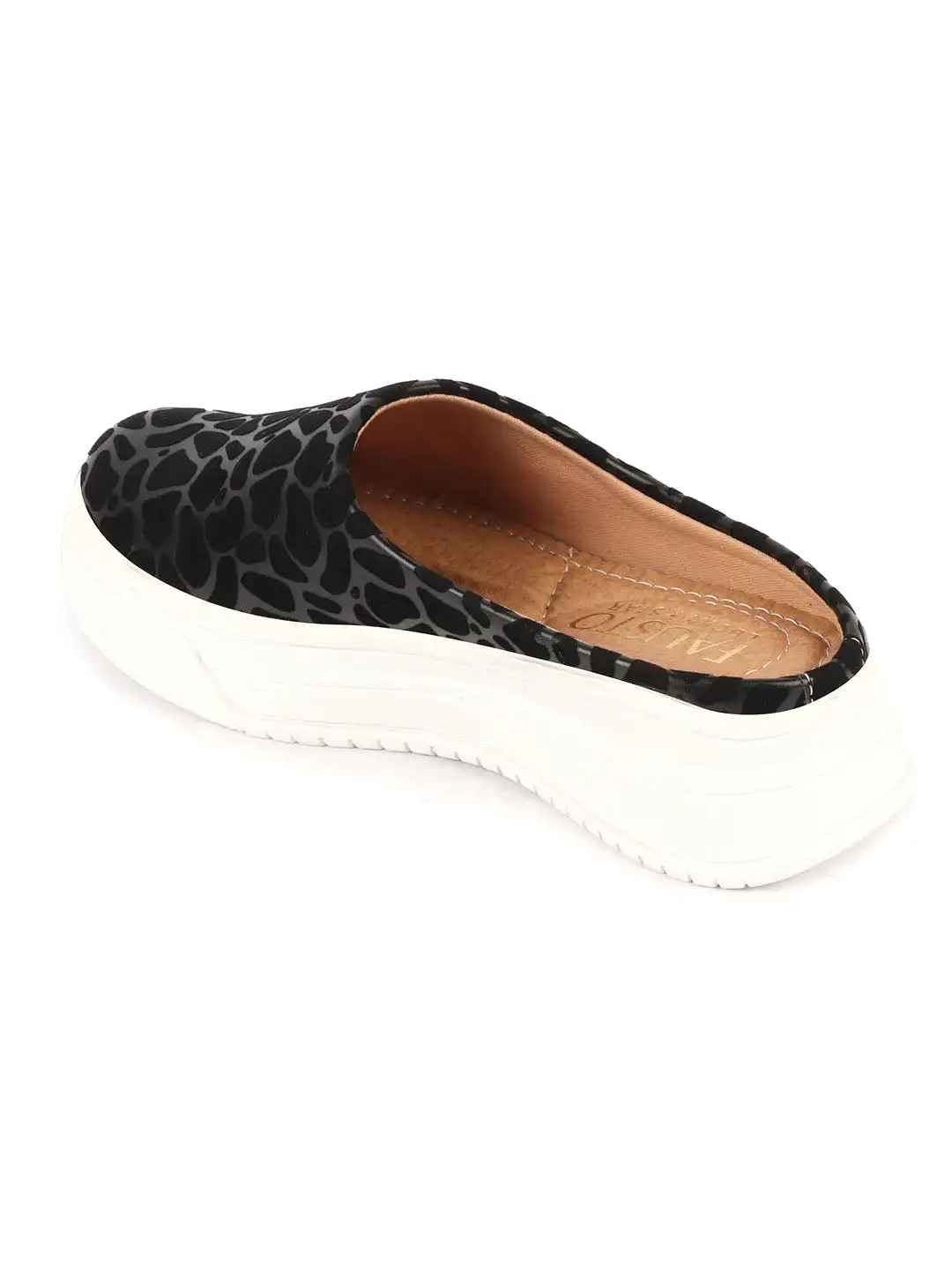 Women Black Leopard Print Height Enhancer Open Back Slip On Casual Shoes