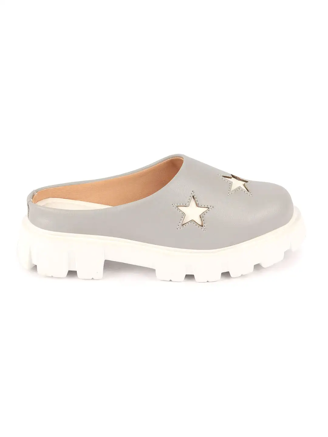 Women Grey Laser Cut Star Open Back Height Enhancer Slip On Casual Shoes