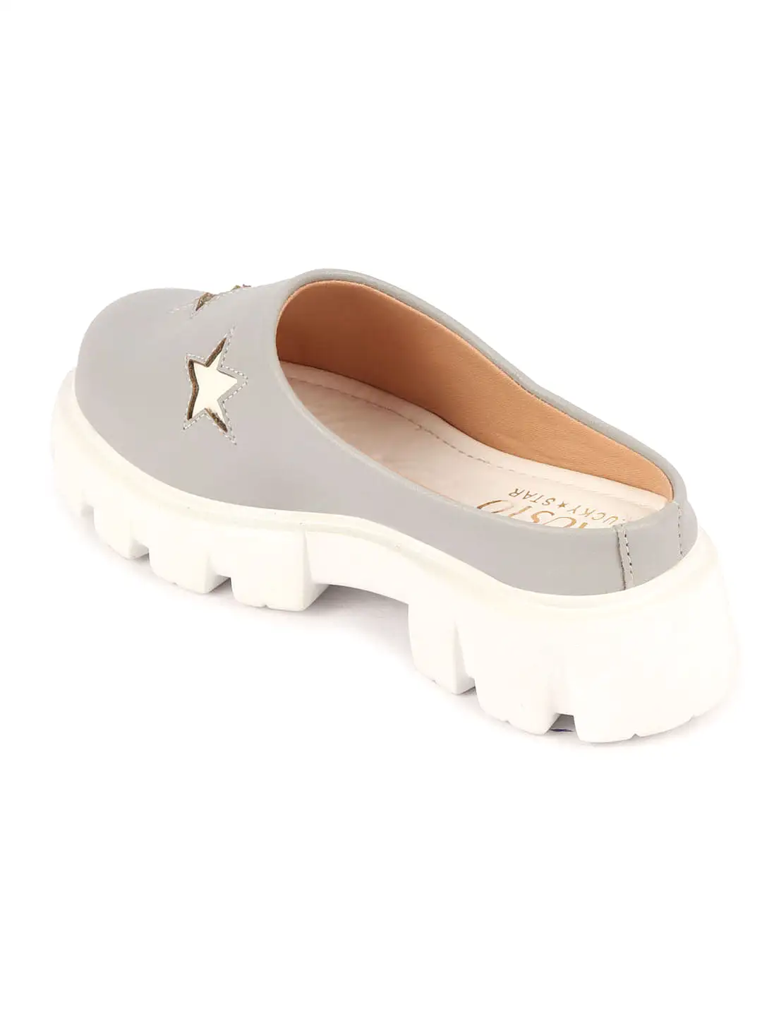 Women Grey Laser Cut Star Open Back Height Enhancer Slip On Casual Shoes